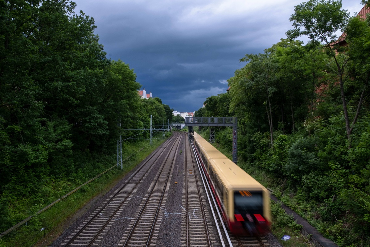 Ein Zug der S-Bahn Berlin fährt durch die Stadt.