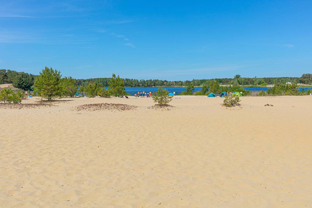 Breite Sandfläche, im Hintergrund See und Bäume