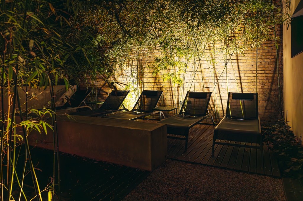 Liegestühle auf dunkler Terrasse mit grünen Zweigen