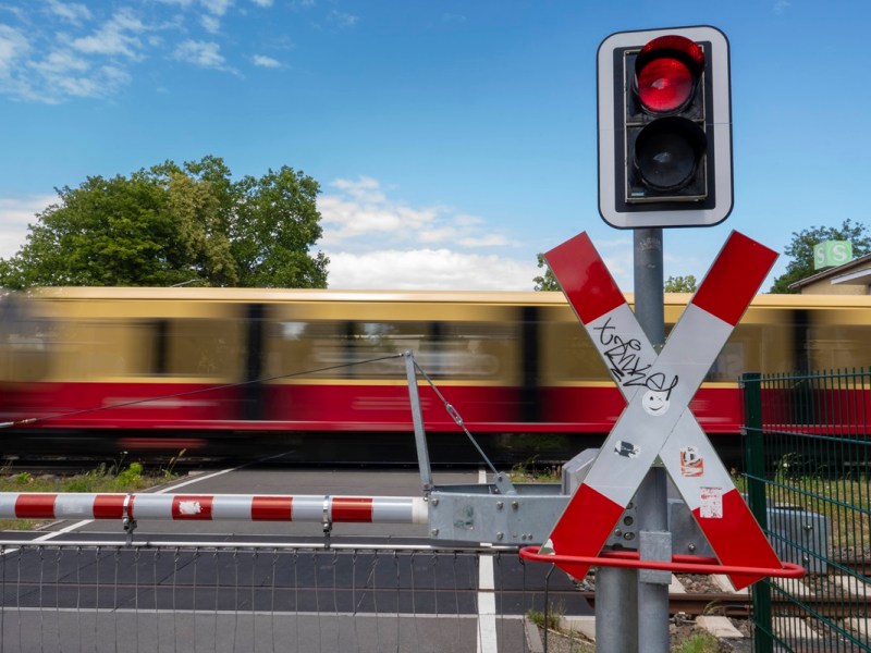 Ein Zug der S-Bahn Berlin fährt über einen Bahnübergang.