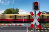 Ein Zug der S-Bahn Berlin fährt über einen Bahnübergang.