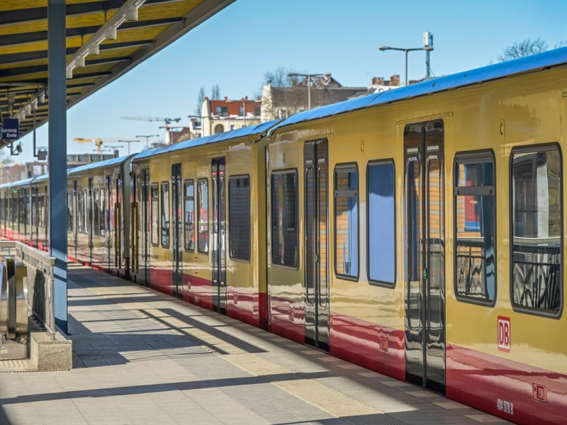 Ein Zug der S-Bahn Berlin steht in einem Bahnhof.